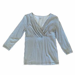 Loft White V-Neck Diamond Pattern 3/4 Sleeve Top Brown White